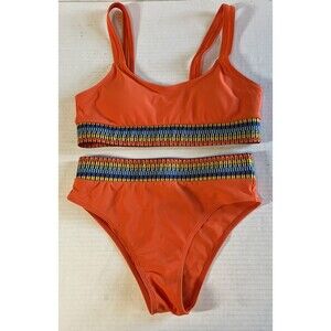 Women’s Small 2-piece Swimsuit Bikini Orange Multi-Colored Band High Waist Retro